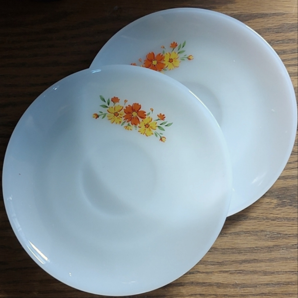 Fire King MCM Saucer Plate Milk Glass Yellow Orange Cosmos Flowers Cottagecore
